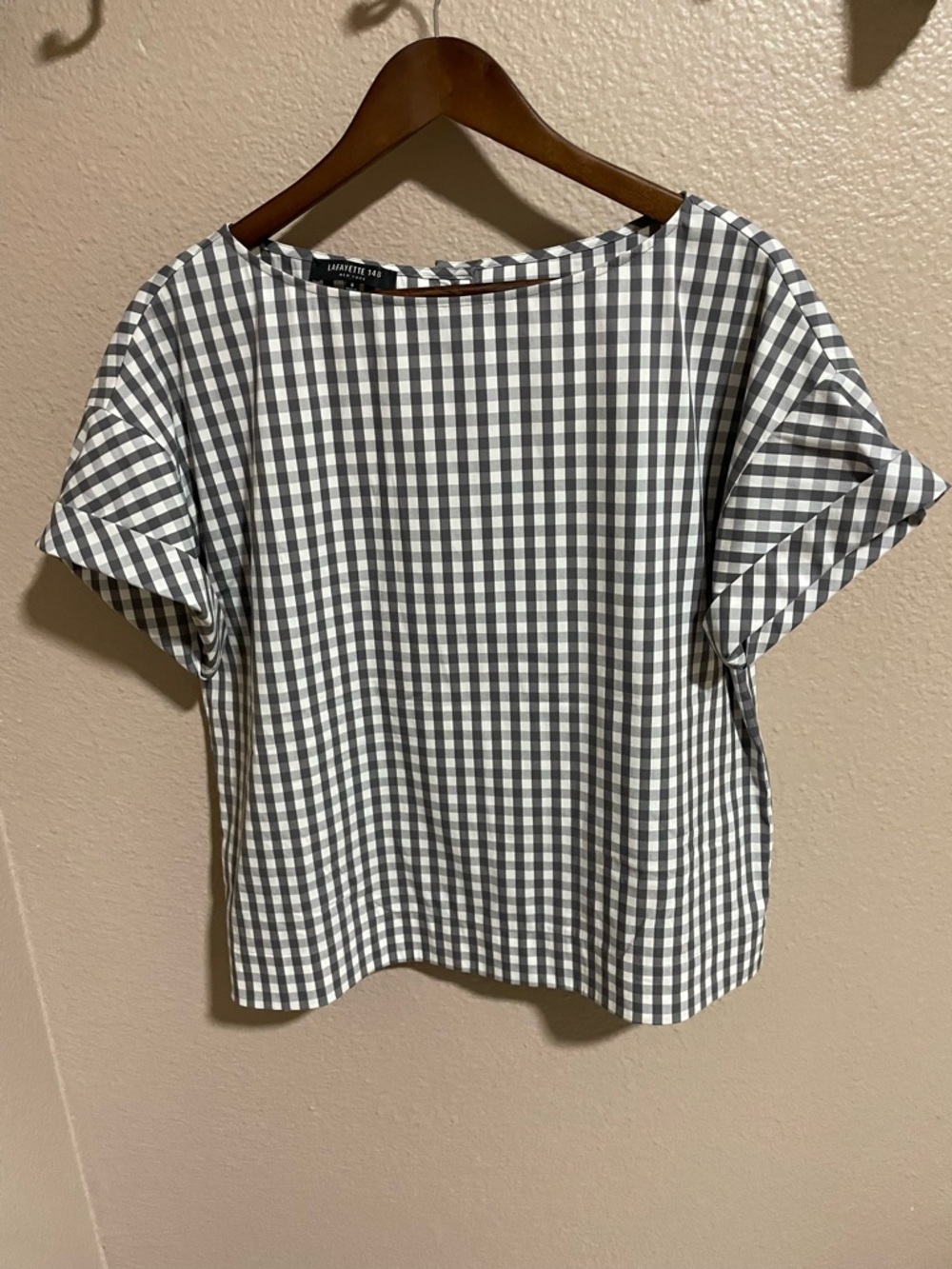 Lafayette 148 New York Gray and White Gingham Short Sleeve Blouse
